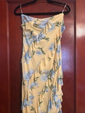 Sincerely Jules Yellow Strapless Maxi Dress with Blue Floral Print